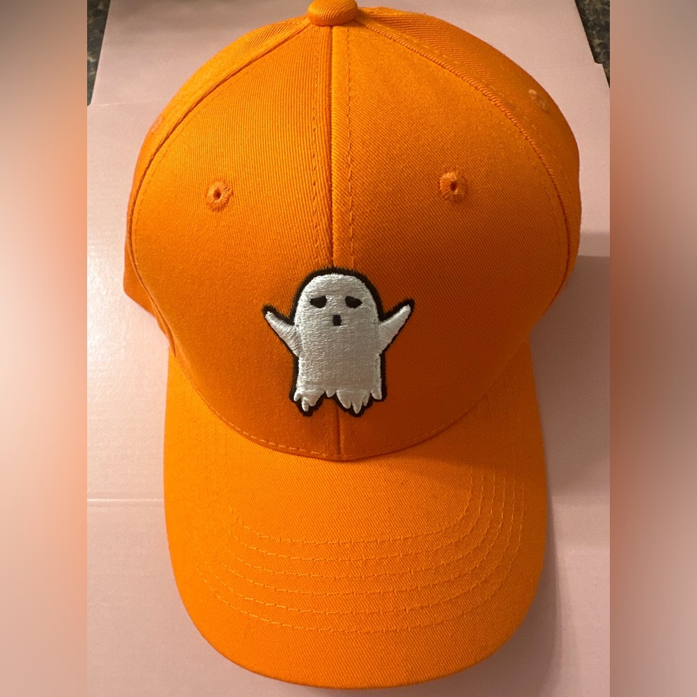 Orange Baseball Cap with White Ghost Patch